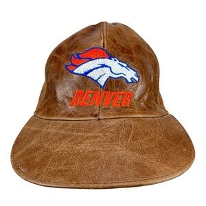 Vintage Denver Broncos Leather Hat Adjustable Brown Cap NFL Football‎